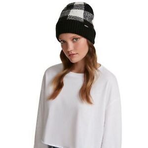 Steve Madden Knit Black and White Gingham Cuff Beanie